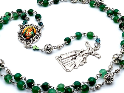 Our Lady of Sorrows unique rosary beads dolor prayer chaplet in agate gemstones and silver beads with Saint John and Mary at the foot of the cross crucifix.