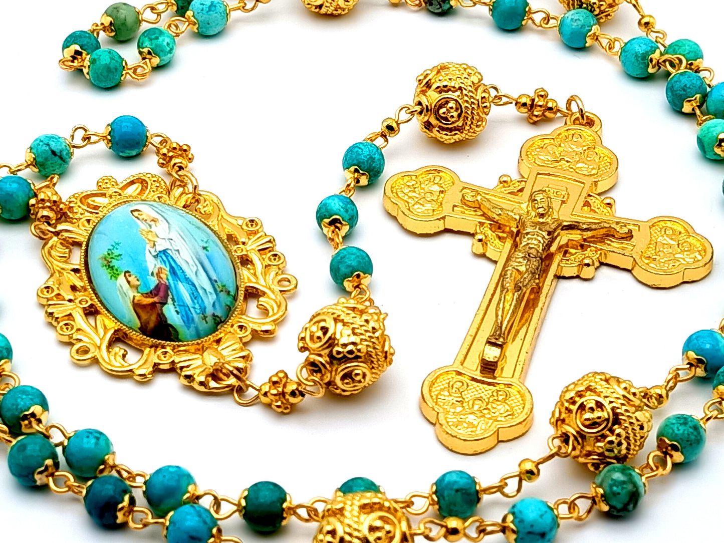 Our Lady of Lourdes and Saint Bernadette unique rosary beads with gold and turquoise gemstone beads and gold plated Twelve Apostles crucifix.