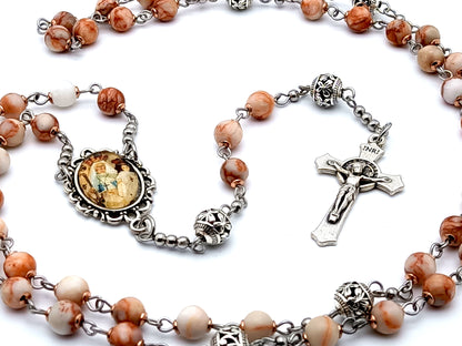 Our Lady of Good Success unique rosary beads with jasper gemstone and silver Our Father beads and Saint Benedict crucifix.