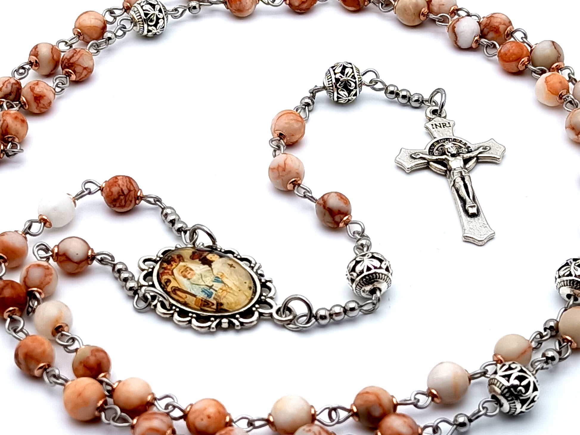 Our Lady of Good Success unique rosary beads with jasper gemstone and silver Our Father beads and Saint Benedict crucifix.