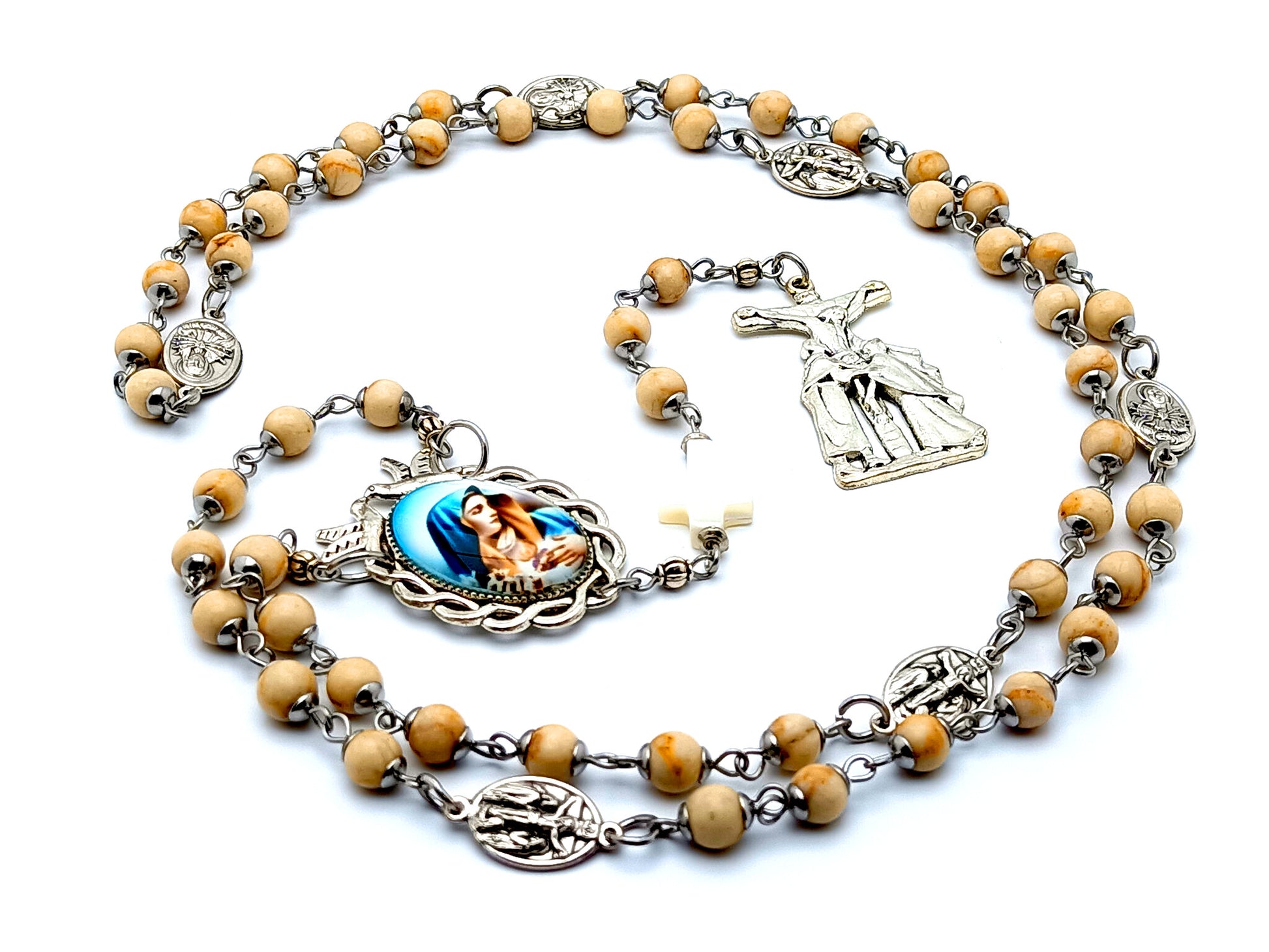 Our Lady of Sorrows unique rosary beads dolor gemstone prayer chaplet with mother of pearl cross and Saint John  and Mary crucifix with Holy Spirit medal.