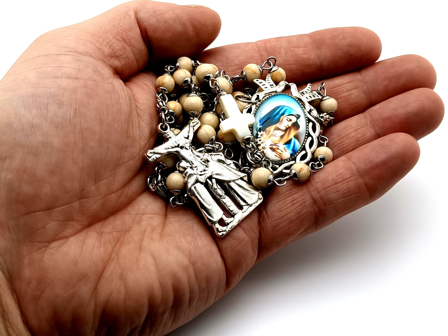Our Lady of Sorrows unique rosary beads dolor gemstone prayer chaplet with mother of pearl cross and Saint John  and Mary crucifix with Holy Spirit medal.