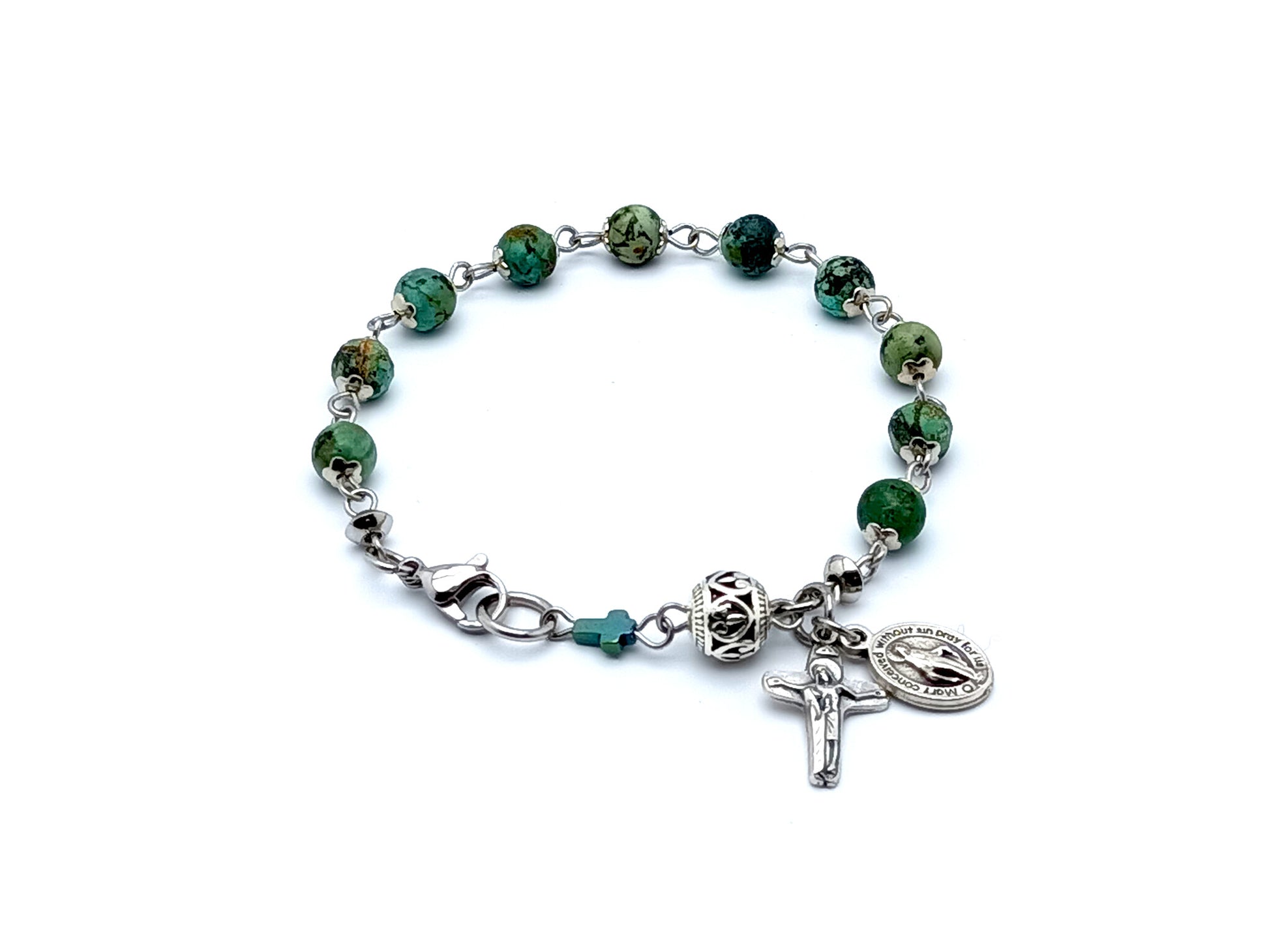 Miraculous Medal unique rosary beads jasper gemstone single decade rosary bracelet.