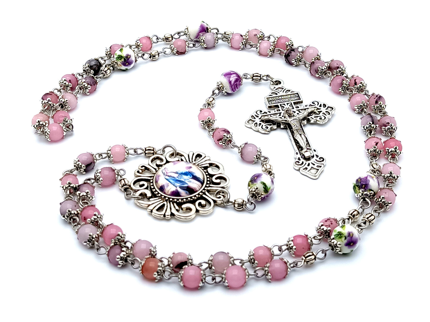 Our Lady of Grace unique rosary beads with agate gemstone and floral porcelain Our Father beads and silver pardon crucifix.