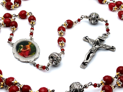 Saint Mary Magdalene unique rosary beads with red glass and antique silver Our Father beads and stainless steel crucifix.
