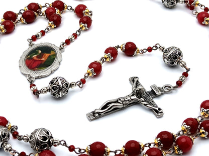 Saint Mary Magdalene unique rosary beads with red glass and antique silver Our Father beads and stainless steel crucifix.