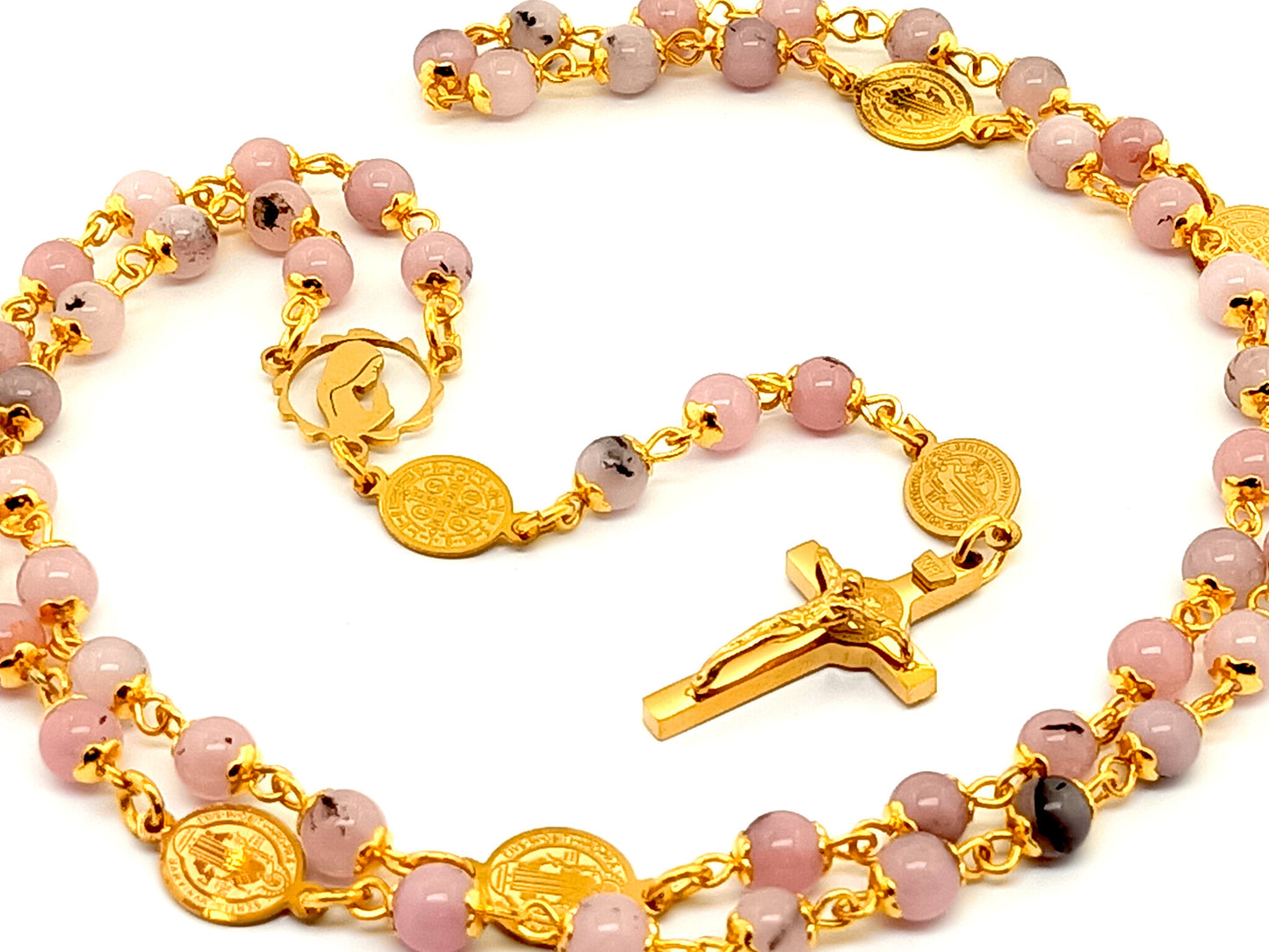 Miraculous medal unique rosary beads with agate gemstone beads and etched Saint Benedict medals and crucifix and Virgin Mary gold plated stainless medal.