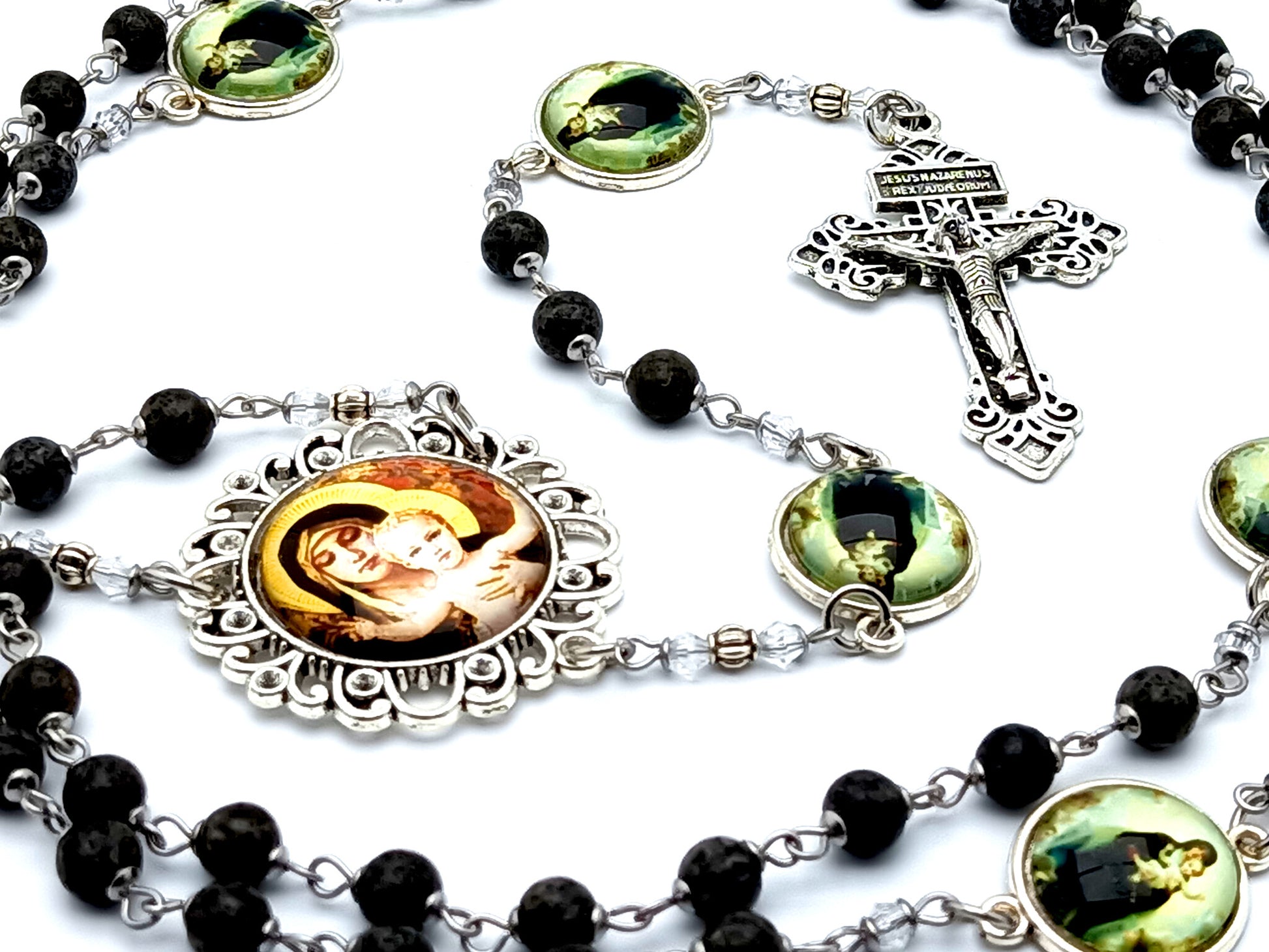 Our Lady of Laus unique rosary beads with jasper gemstone beads and pardon crucifix and Virgin Mary and child Jesus picture medals.