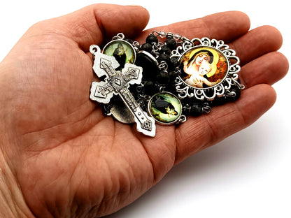 Our Lady of Laus unique rosary beads with jasper gemstone beads and pardon crucifix and Virgin Mary and child Jesus picture medals.