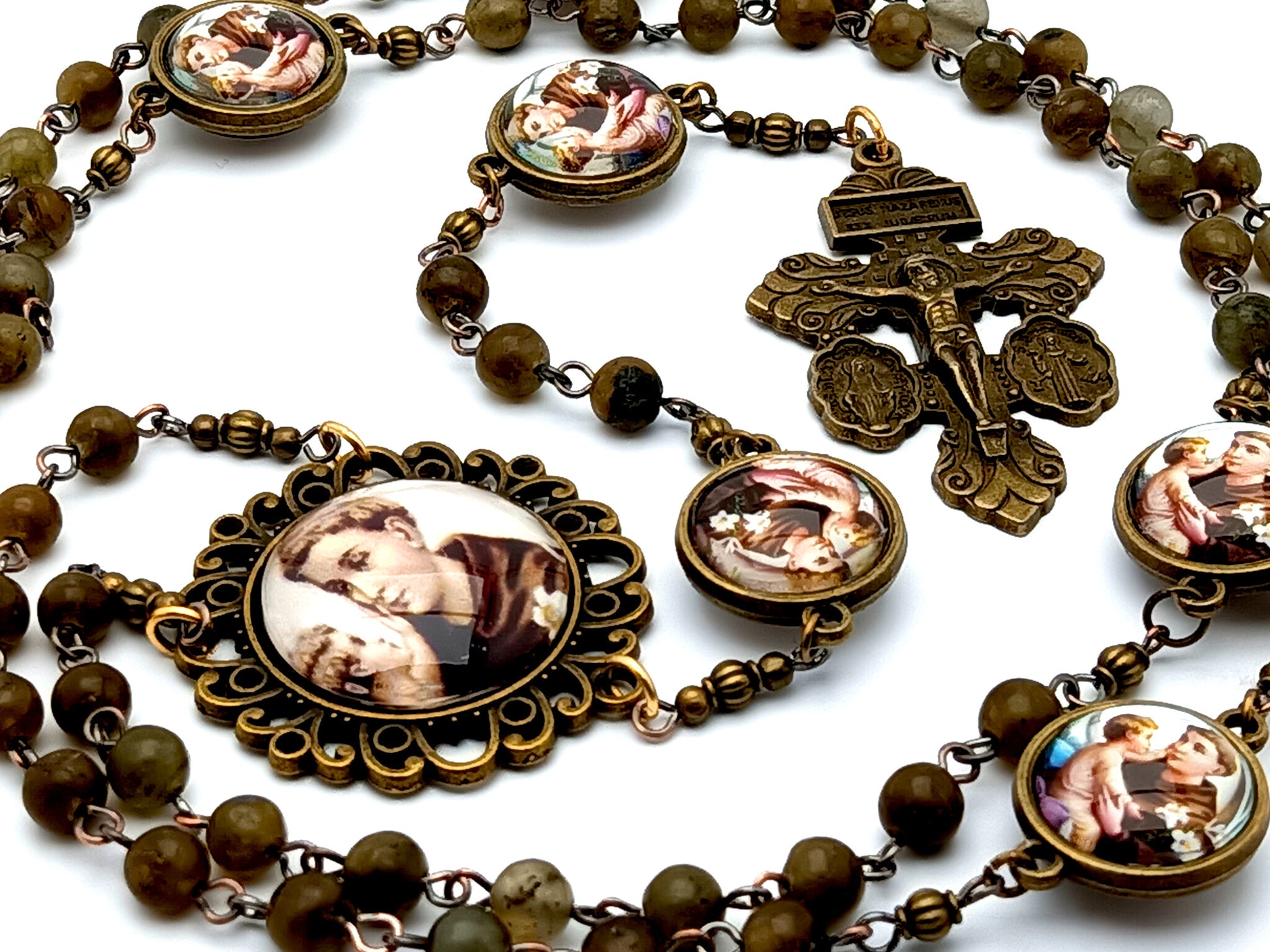 Saint Anthony of Padua unique rosary beads with agate gemstone beads and double sided domed Saint Anthony picture medals and Miraculous medal brass crucifix.