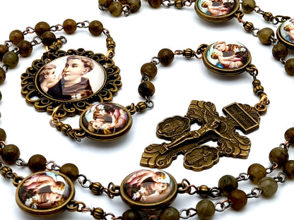 Saint Anthony of Padua unique rosary beads with agate gemstone beads and double sided domed Saint Anthony picture medals and Miraculous medal brass crucifix.