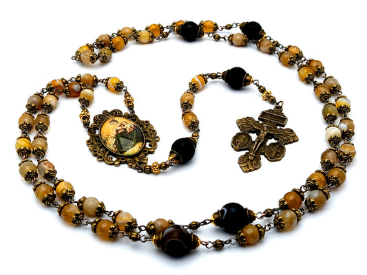 Vintage style Our Lady of Mount Carmel unique rosary beads with faceted agate and onyx gemstone beads with Miraculous medal and Saint Benedict brass crucifix.