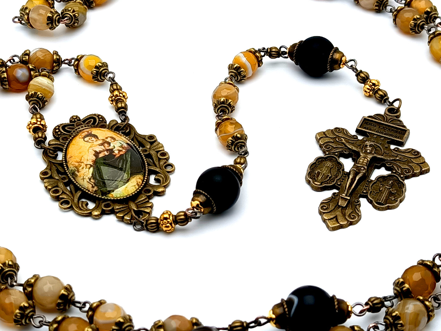 Vintage style Our Lady of Mount Carmel unique rosary beads with faceted agate and onyx gemstone beads with Miraculous medal and Saint Benedict brass crucifix.