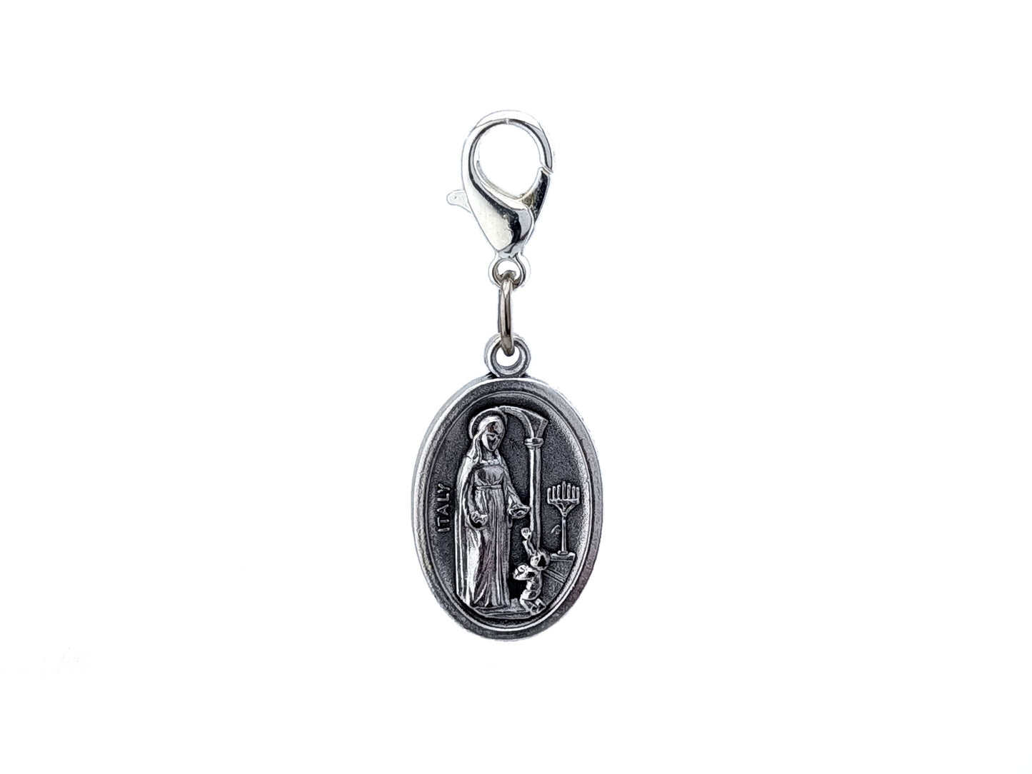 Saint Maximilian Kolbe unique rosary beads devotional alloy medal with silver plated lobster clasp.