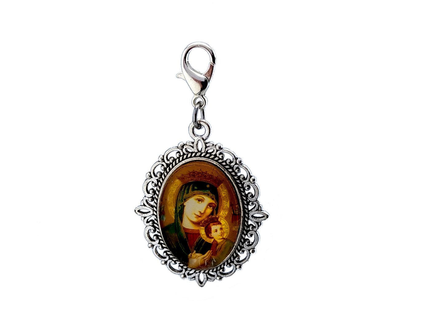 Our Lady of Perpetual Help unique rosary beads devotional alloy medal with silver plated lobster clasp.