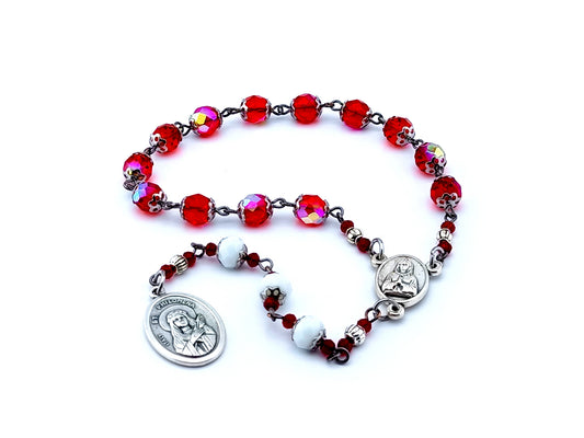 Saint Philomena faceted glass prayer chaplet with Maria Rosa Mistica center medal and Saint Philomena medal.