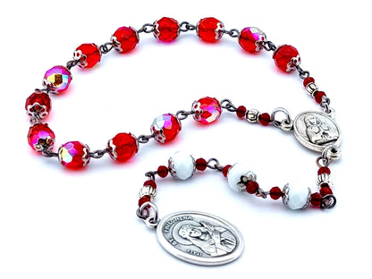 Saint Philomena faceted glass prayer chaplet with Maria Rosa Mistica center medal and Saint Philomena medal.