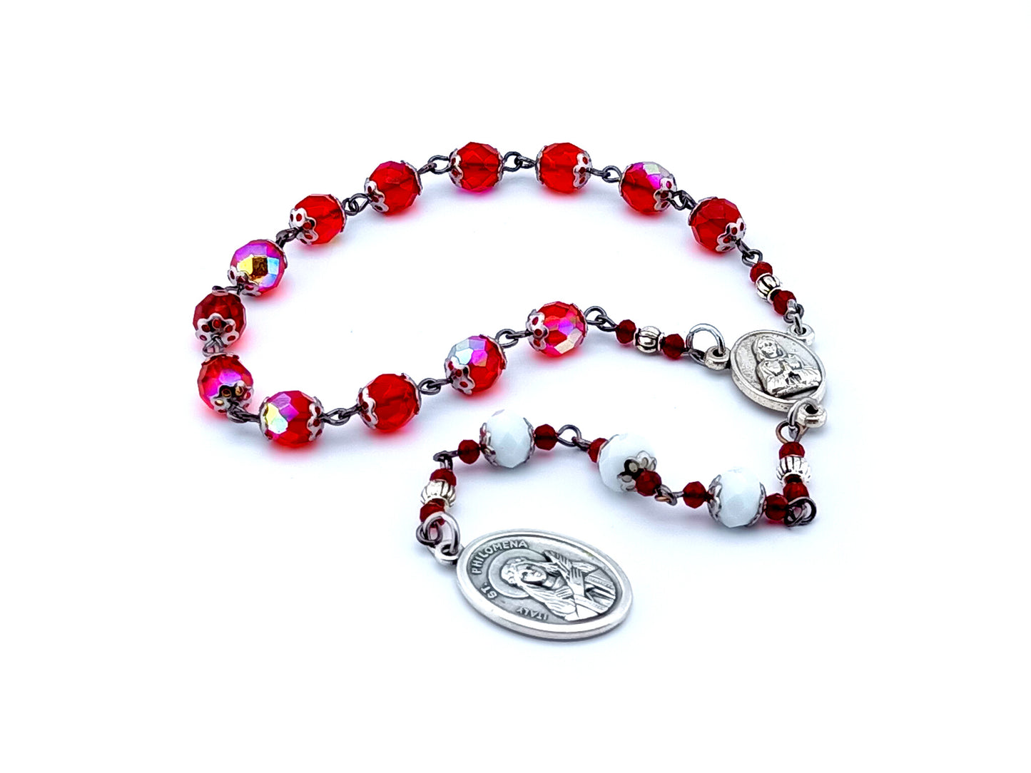 Saint Philomena faceted glass prayer chaplet with Maria Rosa Mistica center medal and Saint Philomena medal.