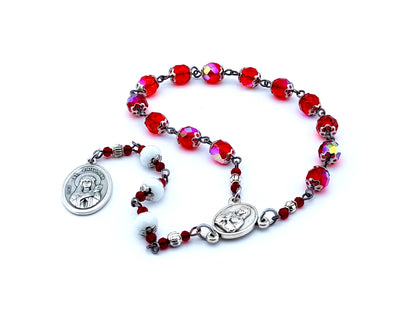 Saint Philomena faceted glass prayer chaplet with Maria Rosa Mistica center medal and Saint Philomena medal.