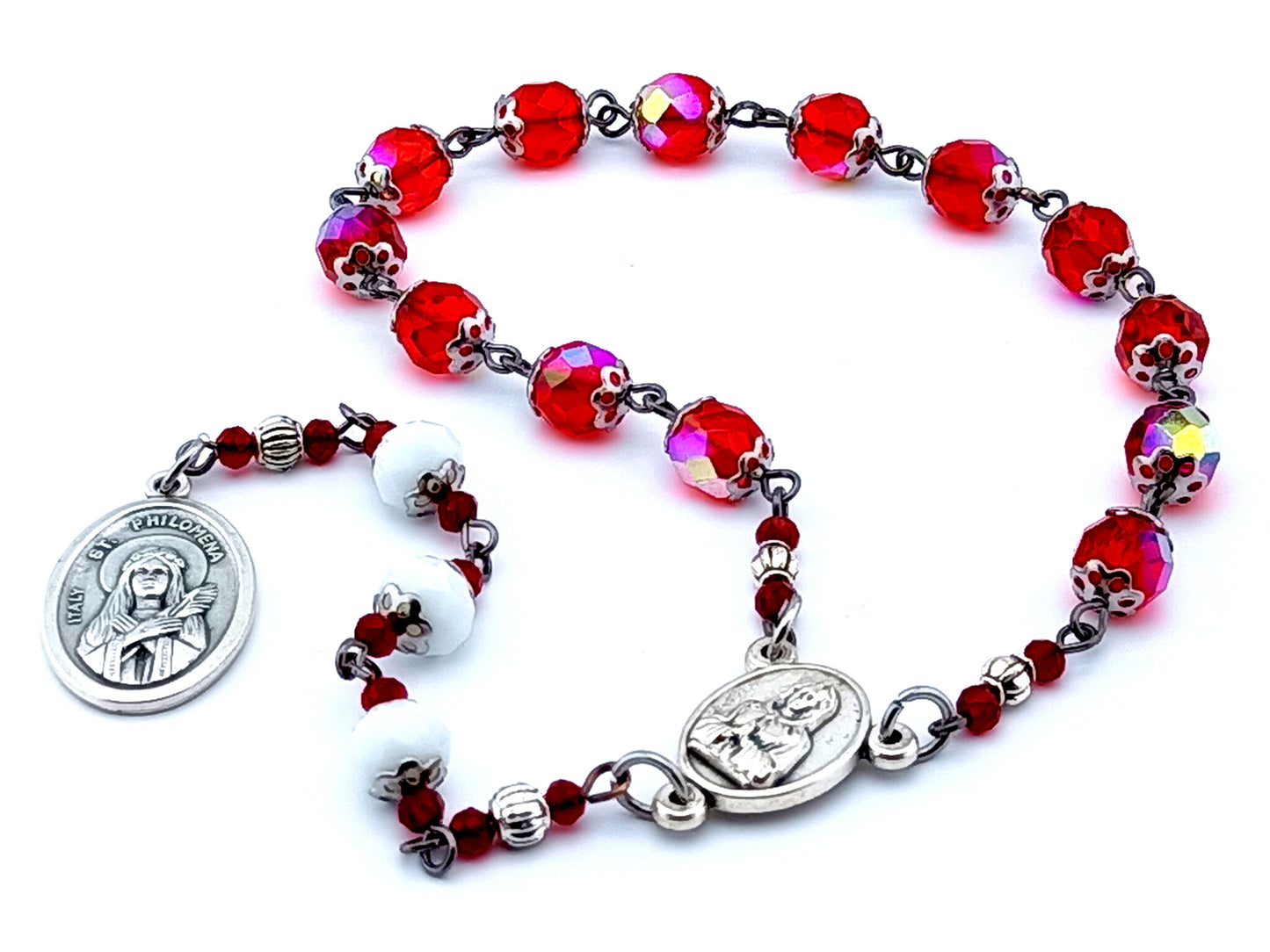 Saint Philomena faceted glass prayer chaplet with Maria Rosa Mistica center medal and Saint Philomena medal.