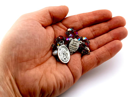 Saint Philomena faceted glass prayer chaplet with Maria Rosa Mistica center medal and Saint Philomena medal.