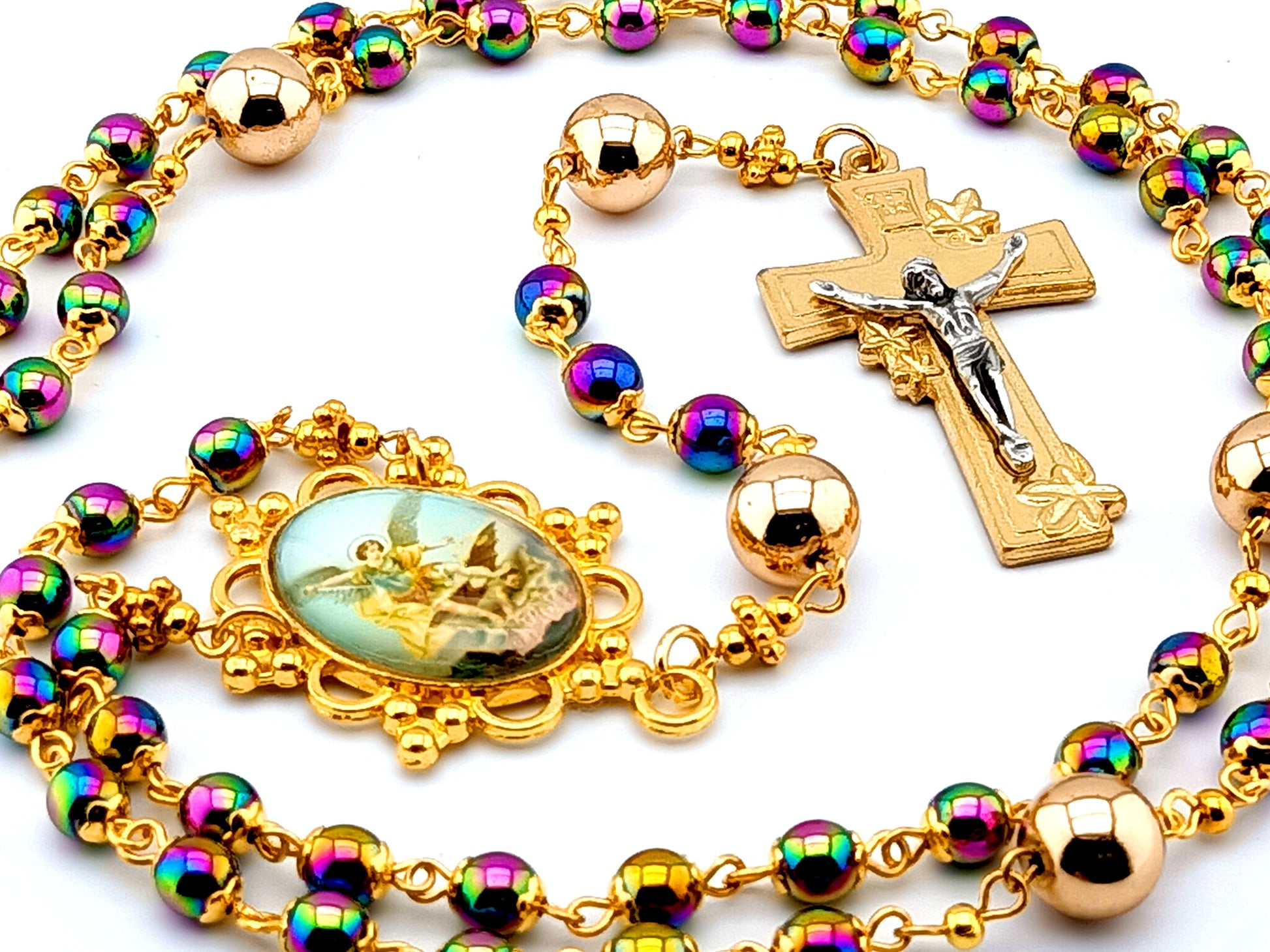 Saint Michael unique rosary beads hematite gemstone rosary beads with gold plated lily crucifix and rose gold Our father beads.