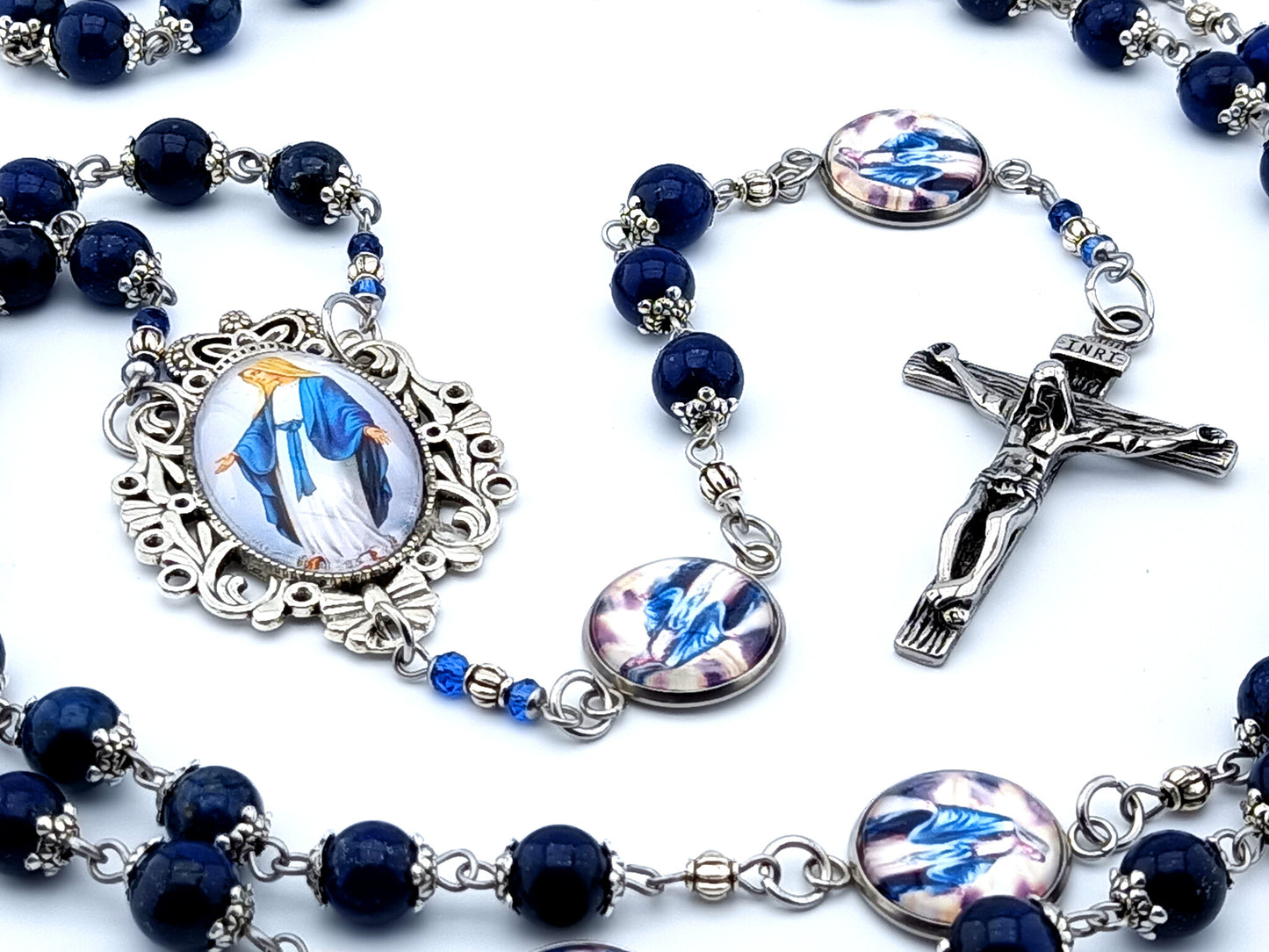 Our Lady of Grace unique rosary beads lapis lazuli gemstone rosary beads with stainless steel crucifix and Virgin Mary domed steel linking picture medals.