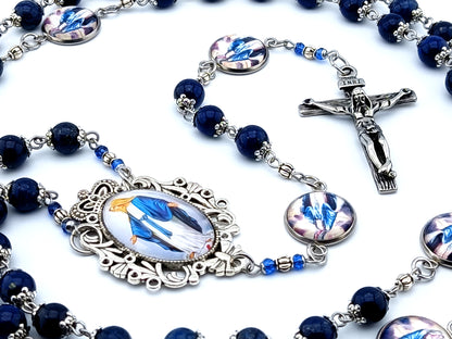 Our Lady of Grace unique rosary beads lapis lazuli gemstone rosary beads with stainless steel crucifix and Virgin Mary domed steel linking picture medals.