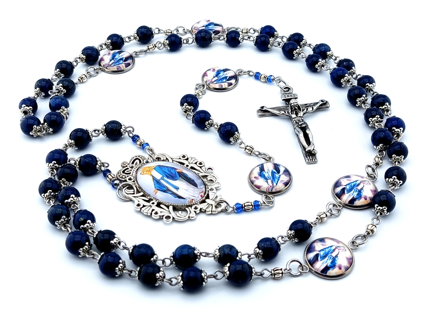 Our Lady of Grace unique rosary beads lapis lazuli gemstone rosary beads with stainless steel crucifix and Virgin Mary domed steel linking picture medals.