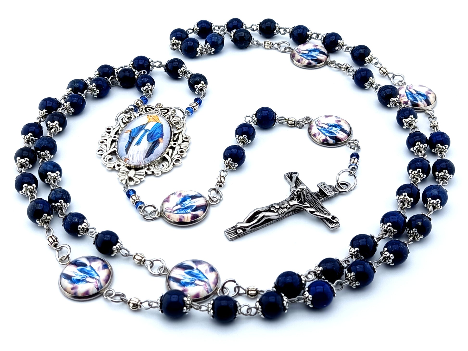 Our Lady of Grace unique rosary beads lapis lazuli gemstone rosary beads with stainless steel crucifix and Virgin Mary domed steel linking picture medals.