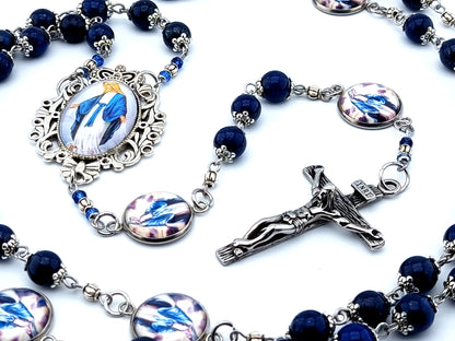 Our Lady of Grace unique rosary beads lapis lazuli gemstone rosary beads with stainless steel crucifix and Virgin Mary domed steel linking picture medals.