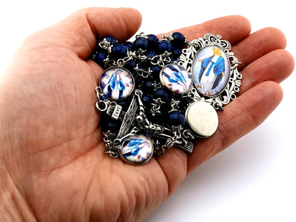 Our Lady of Grace unique rosary beads lapis lazuli gemstone rosary beads with stainless steel crucifix and Virgin Mary domed steel linking picture medals.