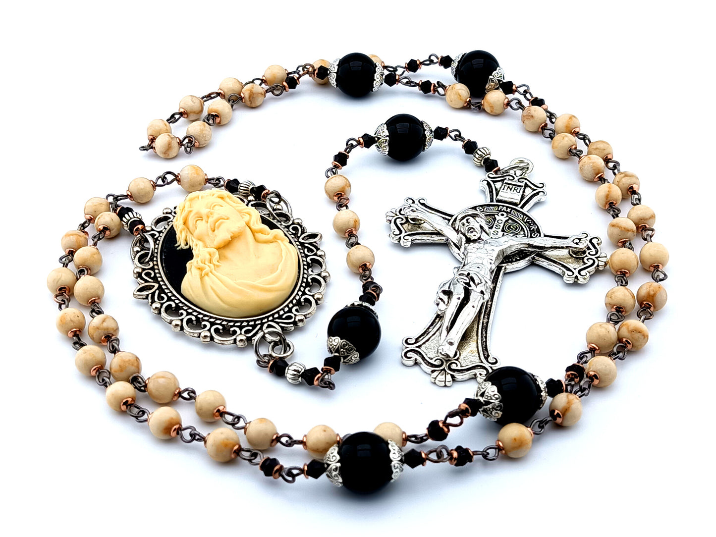 Ecce Home cameo unique rosary beads with jasper and onyx gemstone beads and Saint Benedict crucifix.