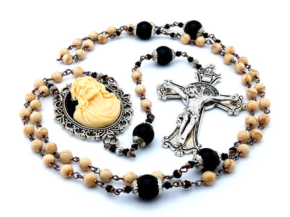 Ecce Home cameo unique rosary beads with jasper and onyx gemstone beads and Saint Benedict crucifix.