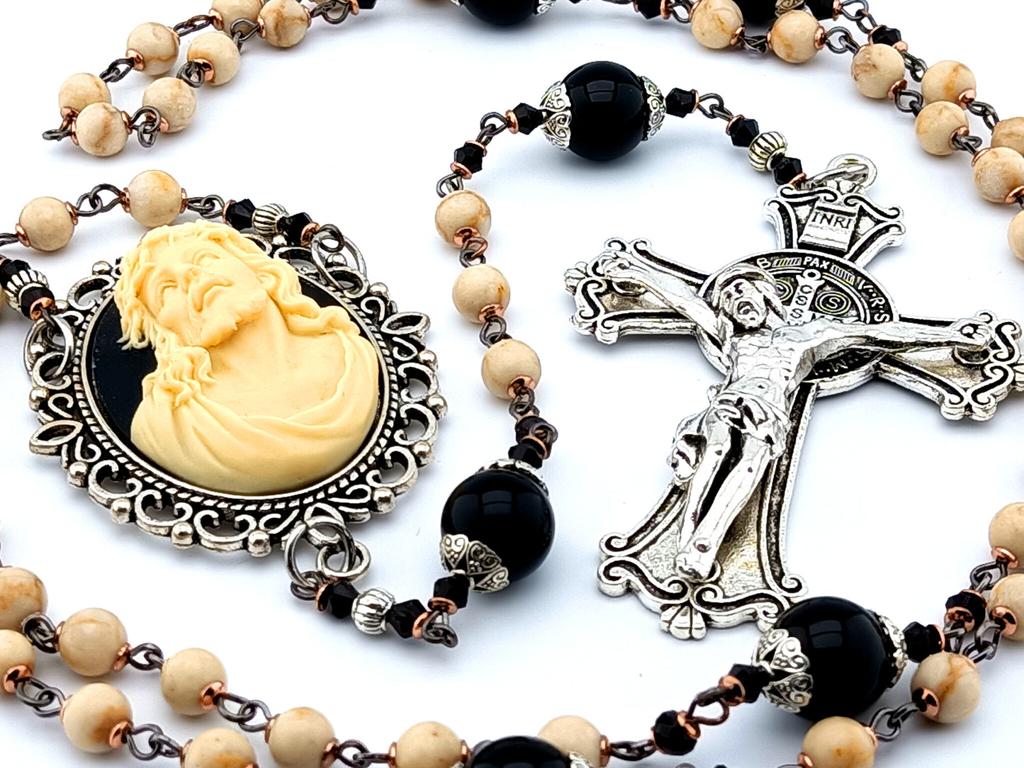 Ecce Home cameo unique rosary beads with jasper and onyx gemstone beads and Saint Benedict crucifix.