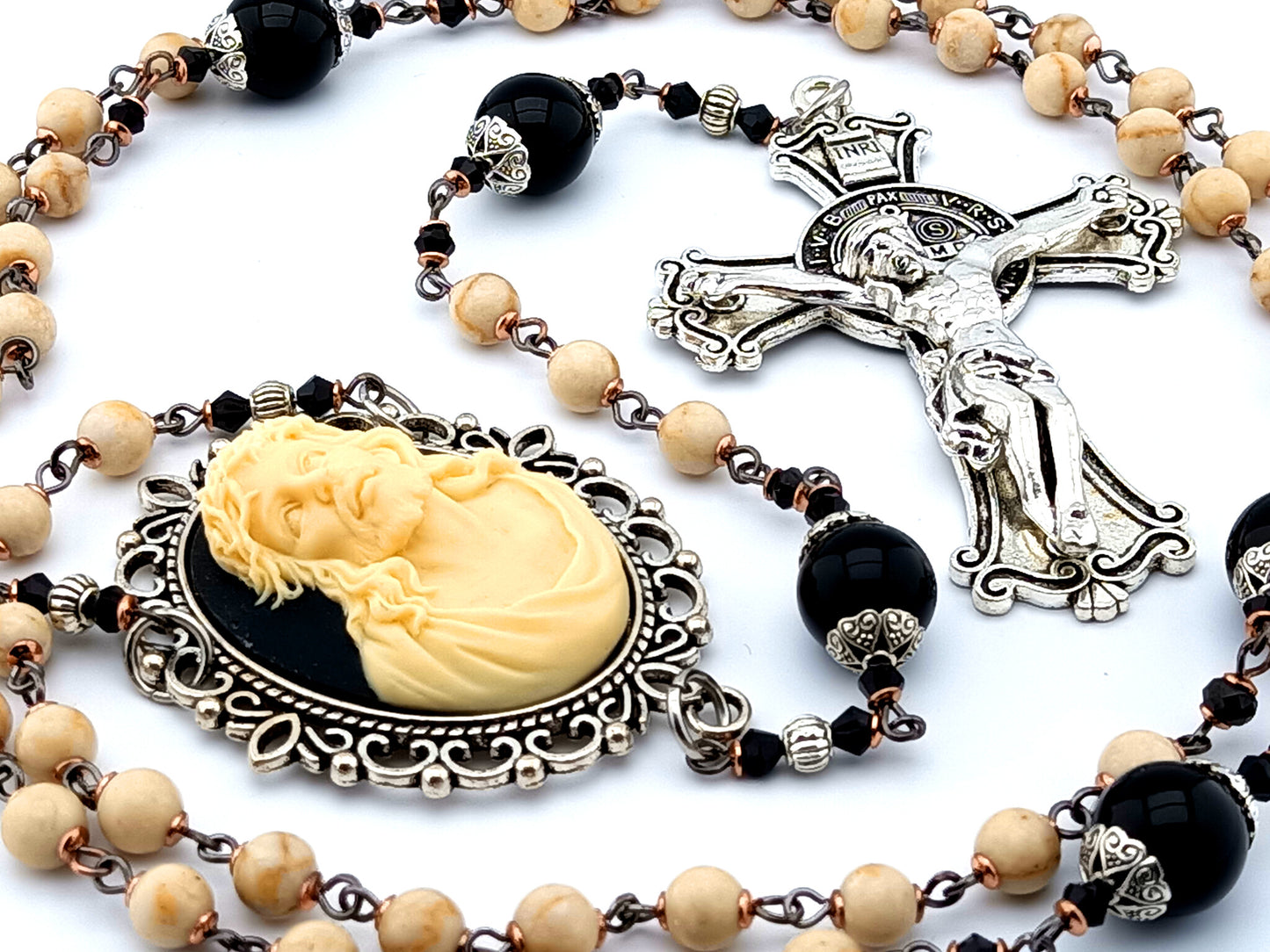 Ecce Home cameo unique rosary beads with jasper and onyx gemstone beads and Saint Benedict crucifix.