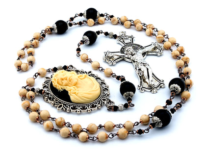 Ecce Home cameo unique rosary beads with jasper and onyx gemstone beads and Saint Benedict crucifix.