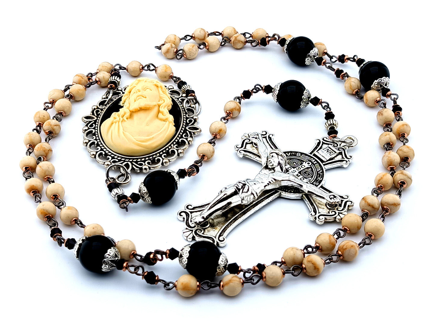 Ecce Home cameo unique rosary beads with jasper and onyx gemstone beads and Saint Benedict crucifix.