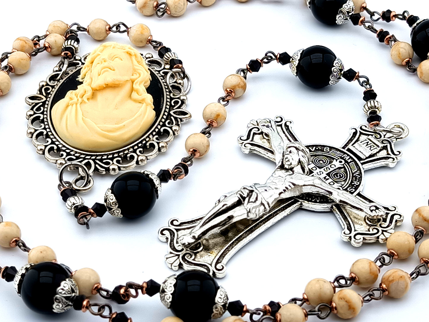 Ecce Home cameo unique rosary beads with jasper and onyx gemstone beads and Saint Benedict crucifix.