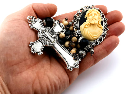 Ecce Home cameo unique rosary beads with jasper and onyx gemstone beads and Saint Benedict crucifix.