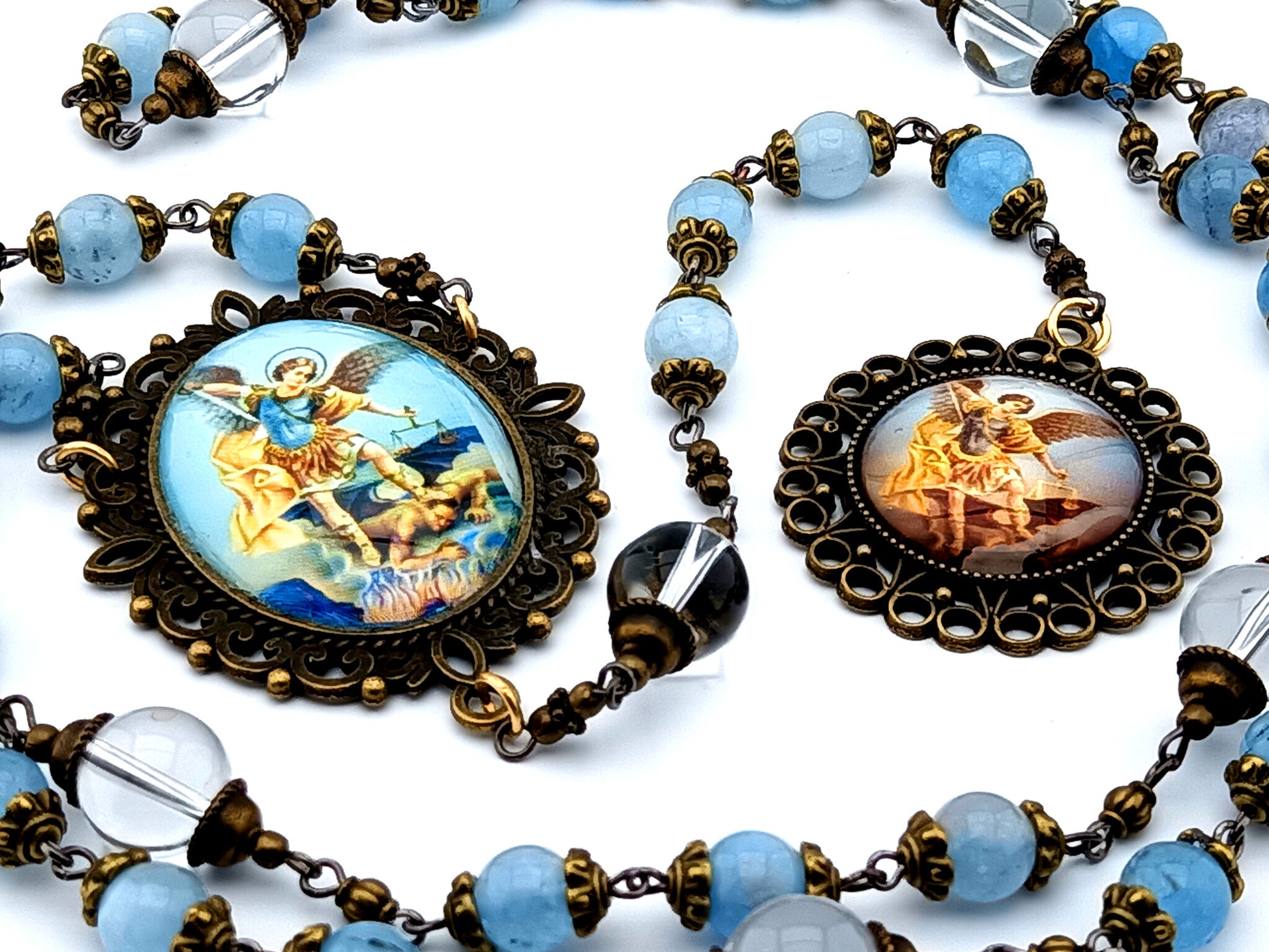 Saint Michael unique rosary beads vintage style aquamarine and crystal gemstone prayer bead chaplet with domed picture medal of Saint Michael.