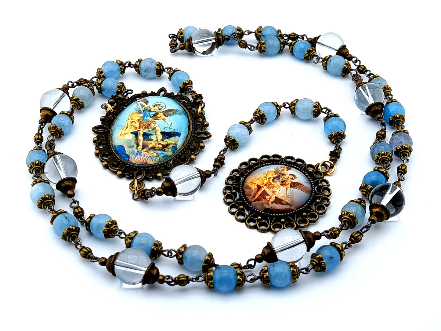 Saint Michael unique rosary beads vintage style aquamarine and crystal gemstone prayer bead chaplet with domed picture medal of Saint Michael.