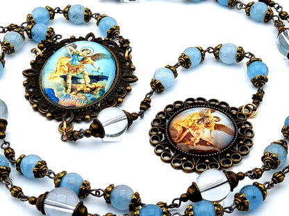 Saint Michael unique rosary beads vintage style aquamarine and crystal gemstone prayer bead chaplet with domed picture medal of Saint Michael.