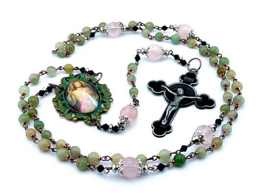 Verdigris Divine Mercy unique rosary beads with jasper gemstone and rose quartz Our Father beads and enamel Saint Benedict crucifix.