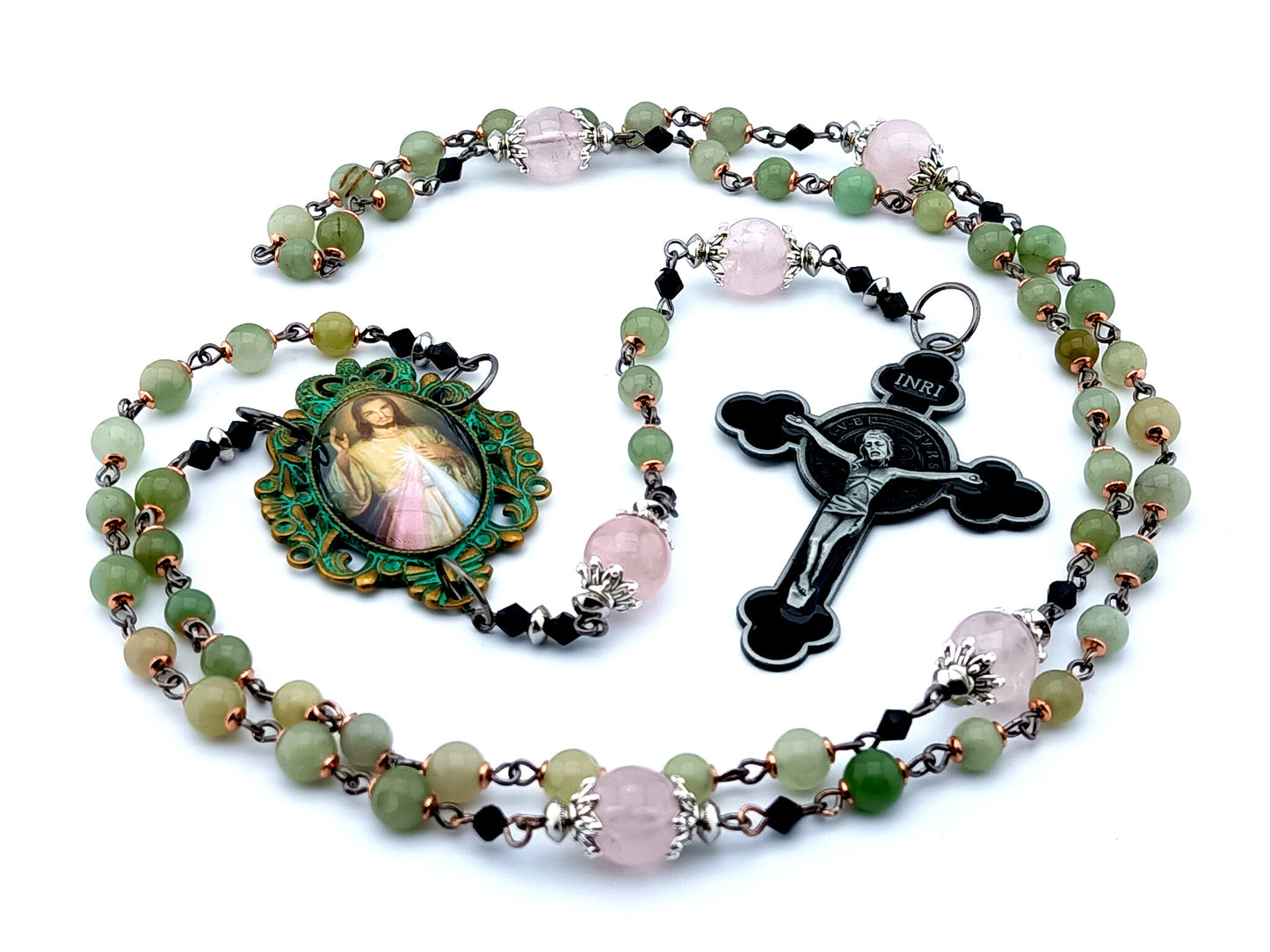 Verdigris Divine Mercy unique rosary beads with jasper gemstone and rose quartz Our Father beads and enamel Saint Benedict crucifix.