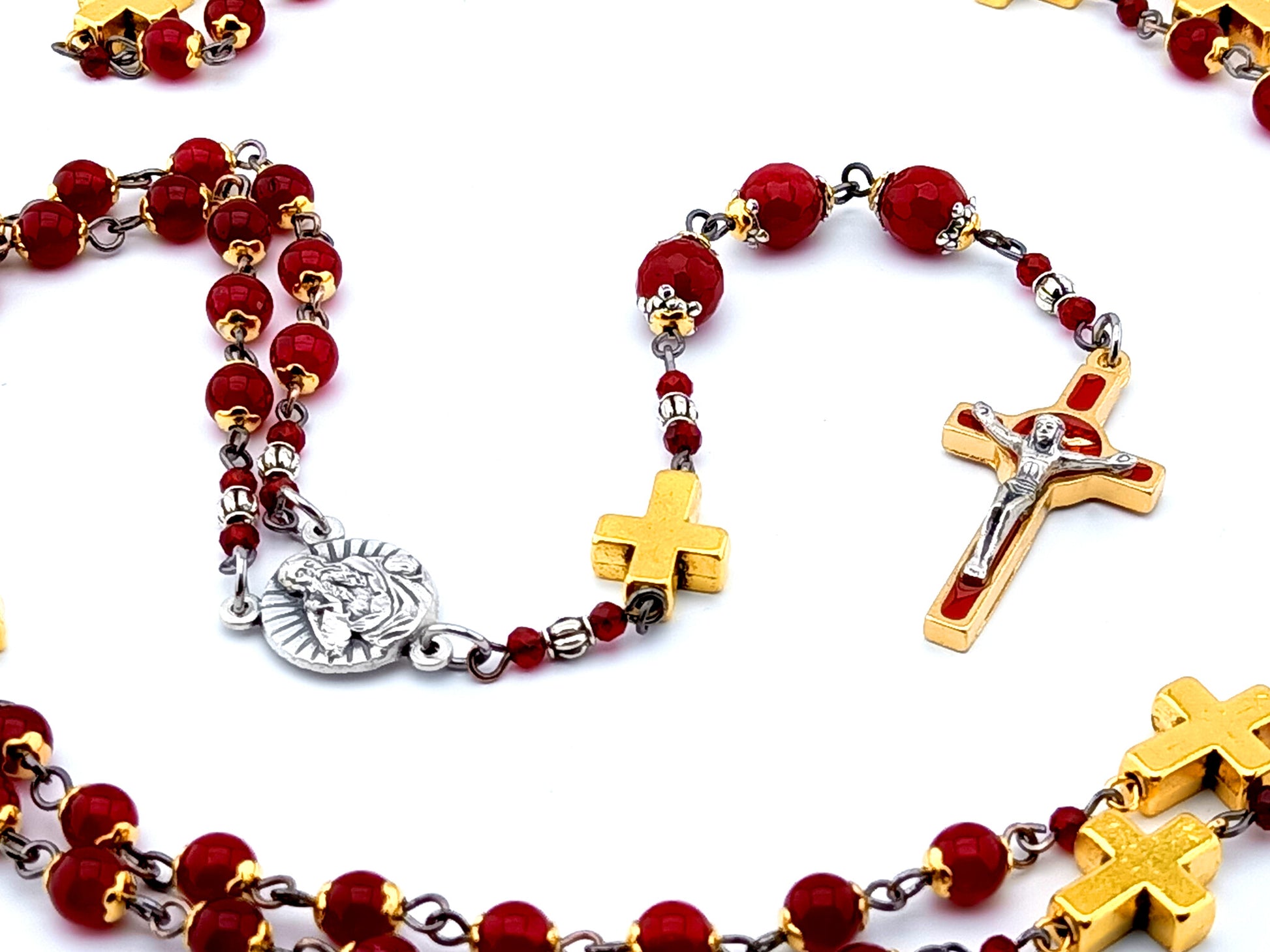 God the Father unique rosary beads jasper gemstone prayer chaplet with Holy Spirit red enamel crucifix and gold cross beads.