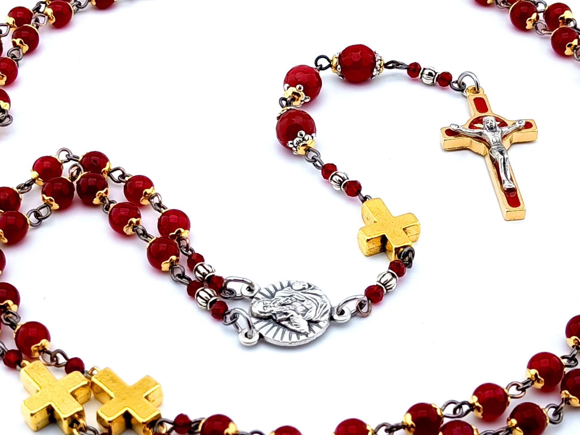 God the Father unique rosary beads jasper gemstone prayer chaplet with Holy Spirit red enamel crucifix and gold cross beads.