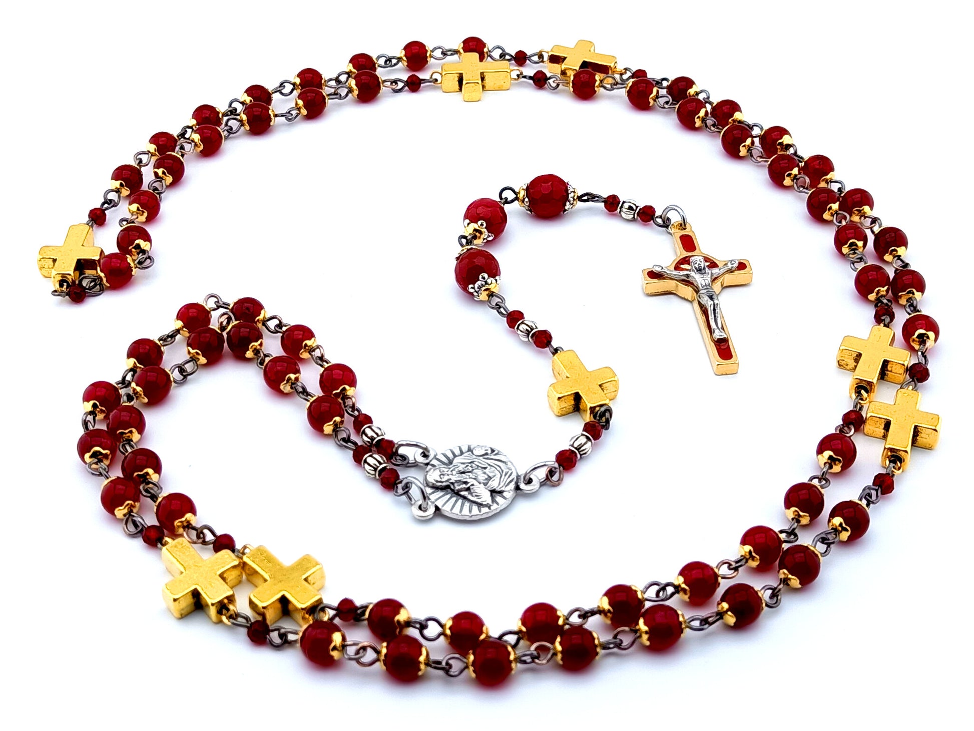 God the Father unique rosary beads jasper gemstone prayer chaplet with Holy Spirit red enamel crucifix and gold cross beads.