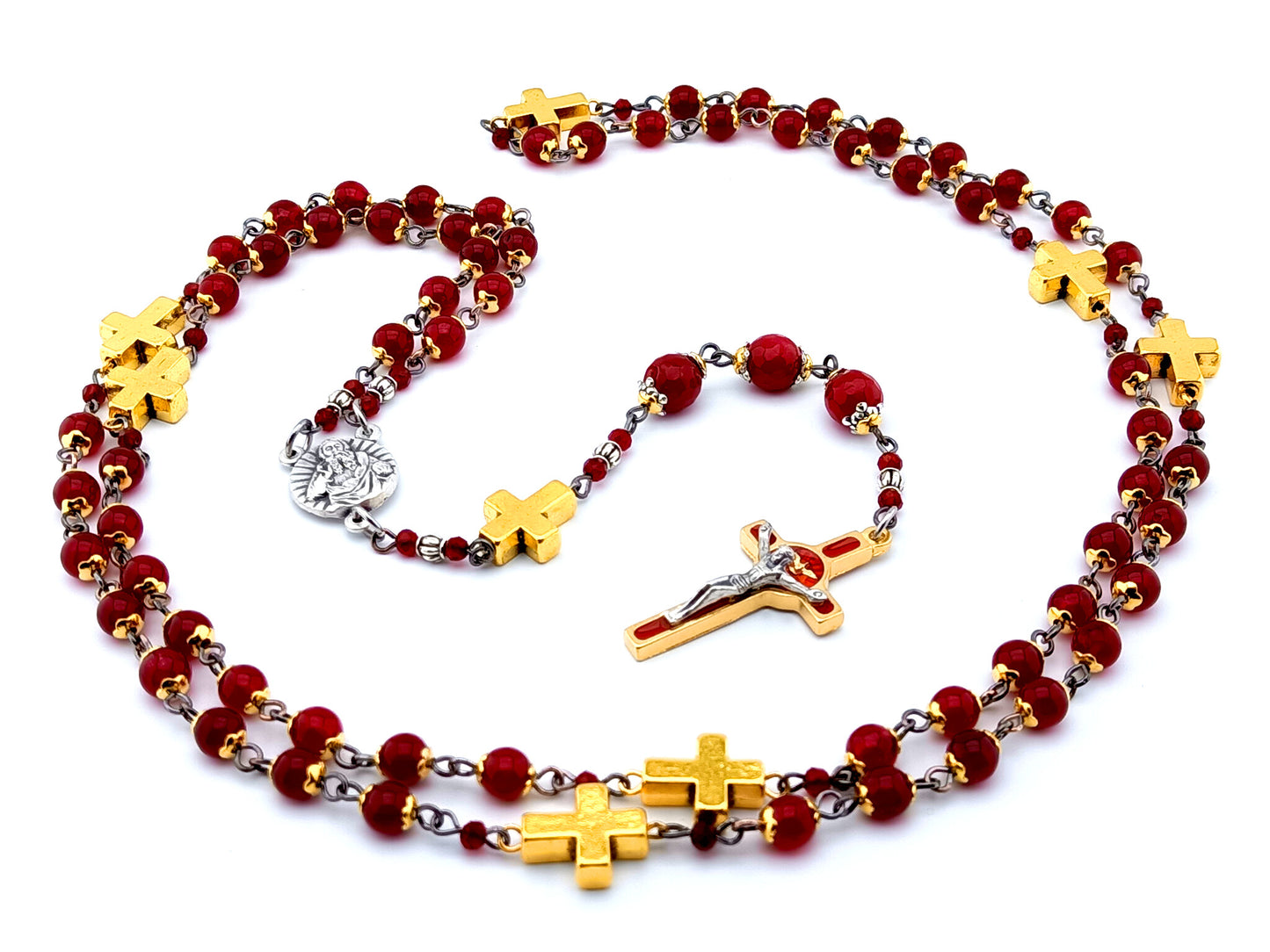 God the Father unique rosary beads jasper gemstone prayer chaplet with Holy Spirit red enamel crucifix and gold cross beads.