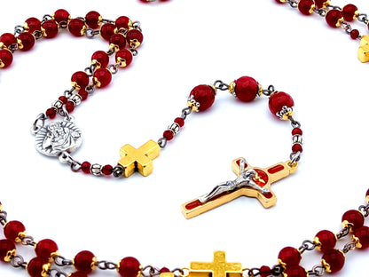 God the Father unique rosary beads jasper gemstone prayer chaplet with Holy Spirit red enamel crucifix and gold cross beads.